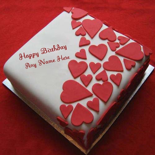 red heart shaped birthday cake with name